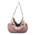 Pink and beige color-block canvas crossbody bag with adjustable strap and side pockets - Pink Beige Gray Color Block / Pink