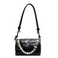 Elegante borsa nera a pieghe con perle bianche e catena decorativa con cuore argentato - Nero