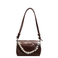 Borsa in pelle cerata marrone con catena di perle e ciondolo a cuore in argento - Marrone scuro