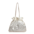 Cremeweiße Kordelzug-Schultertasche mit floraler Jacquard-Struktur und Kunstlederbasis - Gebrochenes Weiß