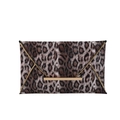 Elegante bolso de mano tipo sobre con estampado de leopardo y borde de metal dorado en V - Marrón