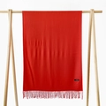 Solid red cashmere feel scarf with long tassels and black label hanging on wood rack - Bright Red (DW010-1)