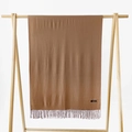 Elegant coffee brown cashmere-feel scarf with fringes on a minimalist wooden hanger - Dark Camel (DW010-2)