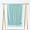 Solid light blue cashmere feel scarf with fringe ends hanging on a wooden hanger - Fruit Green