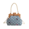 Blue denim shell bag with butterfly sequins and white faux pearl beaded handle - Blue