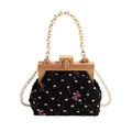Mini retro shell bag with butterfly sequins, wood frame, and pearl bead strap in black - Black