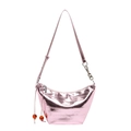 Bolso bandolera rosa metalizado en forma de media luna con cadena plateada y cuentas de ámbar - Rosa