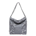 Gray denim tote bag with silver metal bows and chain strap in a stylish bucket design - Fabric / Gray