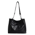 Modern black leather tote bag with silver chain straps and large capacity design - Black