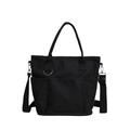Black canvas large capacity tote bag with three front pockets and crossbody strap - Black
