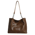 Dark brown large capacity tote bag in glossy PU leather with metal chain shoulder straps - Dark Brown