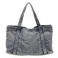 Bolso tote de lona vaquera lavada retro con gran capacidad y bolsillo frontal en azul claro - Azul claro