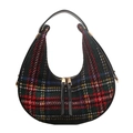 Rote und grüne karierte Hobo-Tasche mit schwarzem Ledergriff und Goldbeschlägen - Schwarz