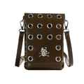 Olive green crossbody phone bag with vintage metal skull and eyelet studs - Skull Style / Brown