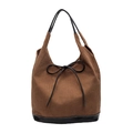 Braune Cord-Schultertasche mit schwarzem Lederboden und dekorativem Schleifen-Detail - Dunkelkhaki