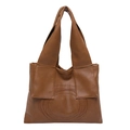 Grande borsa tote marrone con trama litchi e dettagli di cuciture circolari - Cuoio