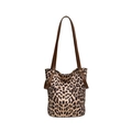 Bucket Bag mit Leopardenmuster, braunen Lederriemen und goldenen Beschlägen - Dunkles Khaki