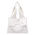 White lychee leather tote bag with unique circular embroidery and wide shoulder strap - White