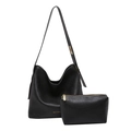 Black pebbled leather hobo bag set with matching pouch and golden hardware accents - Black