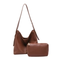 Brown litchi grain leather bucket bag set with wide strap and matching coin purse - Tan