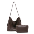 Large dark brown minimalist leather bucket bag with matching small inner clutch set - Coffee