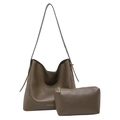 Deep brown large bucket tote bag and matching inner pouch in smooth PU leather - Dark Khaki