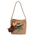 Borsa a secchiello in camoscio marrone con lacci decorativi e ciondolo a cane - Cachi Scuro