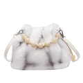 Faux mink fur crossbody bucket bag with marble pattern and yellow beaded handle - Off White