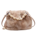 Chic apricot faux fur bucket bag with pearl handle and slim crossbody strap - Dark Khaki