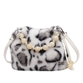 Faux mink fur leopard print bucket bag with elegant large cream beaded handle - Leopard Black White