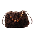 Faux mink fur leopard print bucket bag with amber bead handle and leather strap - Leopard Coffee