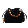 Faux mink fur crossbody bucket bag in solid black with amber beaded strap detail - Black