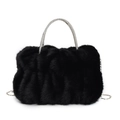 Elegant black faux fur cloud bag with rhinestone handle and silver chain strap - Black