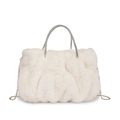 White faux fur cloud bag with quilted texture and rhinestone handles for women - White