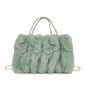 Light green plush faux fur cloud bag with vertical pleats and rhinestone chain handles - Green