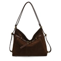 Borsa tote in pelle scamosciata marrone opaca con apertura a V e finiture retrò - caffè