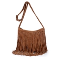 Brown frosted suede crossbody bag with bohemian tassels and woven shoulder strap - Camel