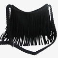 Retro black matte crossbody bag with long tassels and woven shoulder strap on white backdrop - Black