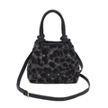 Gray and black leopard print plush bucket bag with knotted leather handle and crossbody strap - Gray
