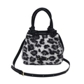 Leopard print faux fur bucket bag with black leather handles and shoulder strap - Black