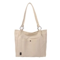 Cream colored nylon tote bag with front pocket and durable silver metal rings - White