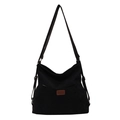 Schwarze Cord-Hobo-Tasche mit braunem Leder-Logo-Patch und silbernen Metallringen - Schwarz