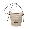Secchiello chic in paglia beige con finiture in pelle marrone e tracolla regolabile - Bianco