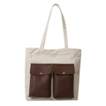Beigefarbene Canvas-Einkaufstasche mit braunen Kunstledertaschen und silbernen Schnallen - Weiß