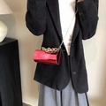 Chic red acrylic cylinder evening bag with gold chain strap on a stylish woman - Pink