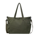Olive green corduroy tote bag with adjustable strap and side pockets for commuting - Green