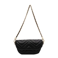 Classic black V-quilted faux leather crossbody bag with golden metal chain strap - Black