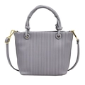 Chic grey bucket bag with vertical pleated texture and elegant gold-tone hardware - Blue