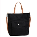 Ethnic linen tote bag in black fabric with brown faux leather straps and metal buckle - Black