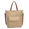 Linen tote bag with front pocket and brown leather straps for versatile shoulder or hand carry - Khaki